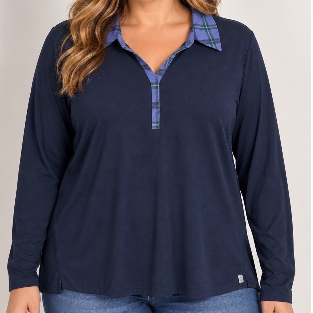 Lady Hagen XL Navy Blue Golf Polo Long Sleeve Plaid Collar Preppy Performance